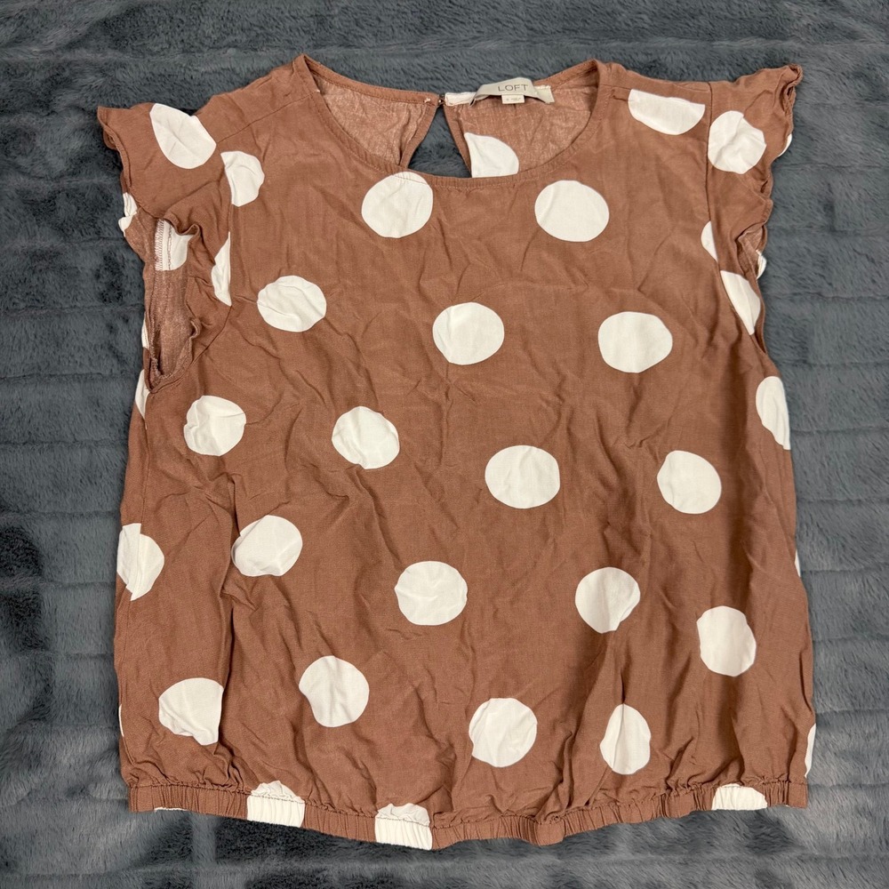 LOFT Women Brown White Polka Dot Flutter Sleeve Blouse Elastic Hem Size Small